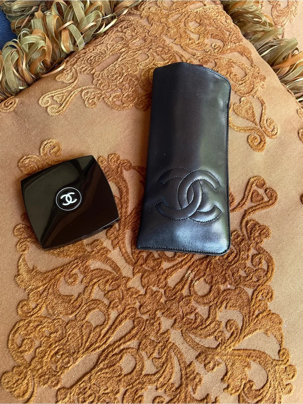 Chanel Black Leather Sunglasses Case with Logo, and Chanel mirror